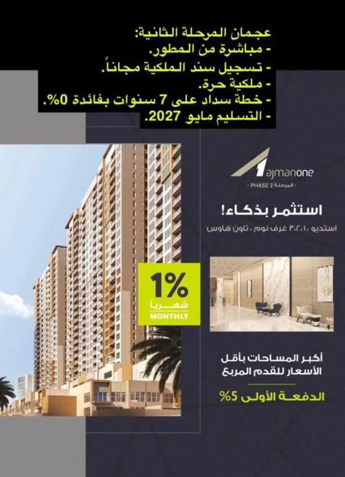 تملك حر غرفه و صاله او 2 غرف و صاله بمقدم 5% قريب من الكورنيش و الباقي اقساط مع المطور علي 7 سنوات : Image 1