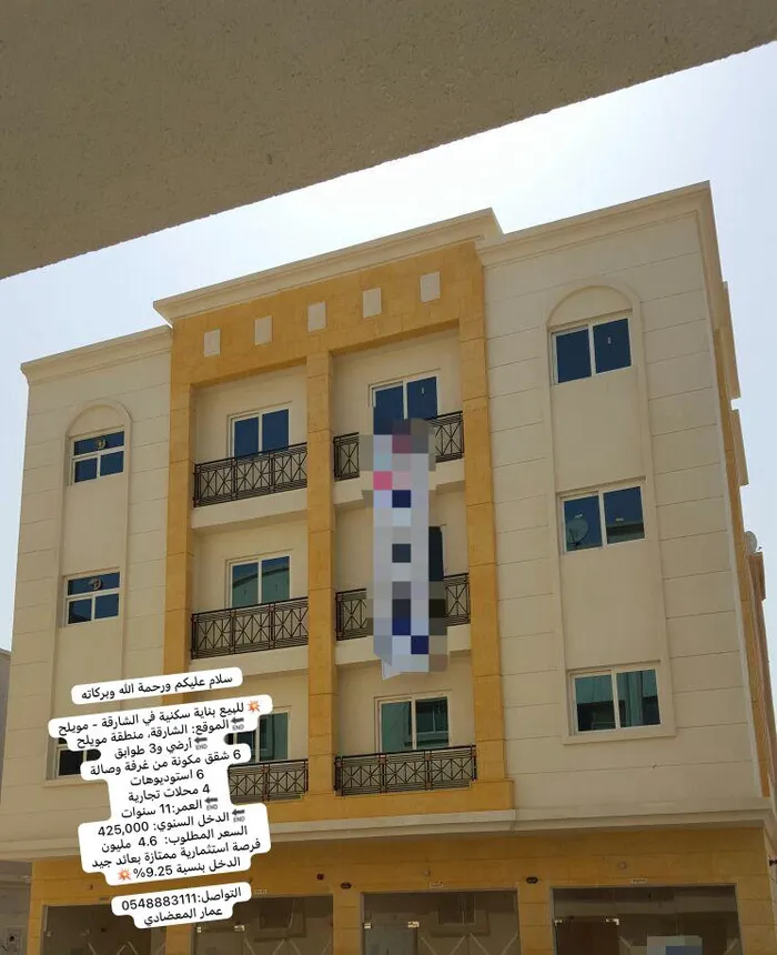 💥للبيع بناية سكنية في الشارقة - مويلح
🔚الموقع الشارقة، منطقة مويلح
 🔚أرضي و3 طوابق 
6 شقق مكونة من غرفة وصالة
6 استوديوهات
4 محلات تجارية
🔚العمر11 سنوات
🔚الدخل السنوي 425000
السعر المطلوب  4.6  مليون 
فرصة استثمارية ممتازة بعائد جيد
الدخل بنسبة 9.25% : Image 1