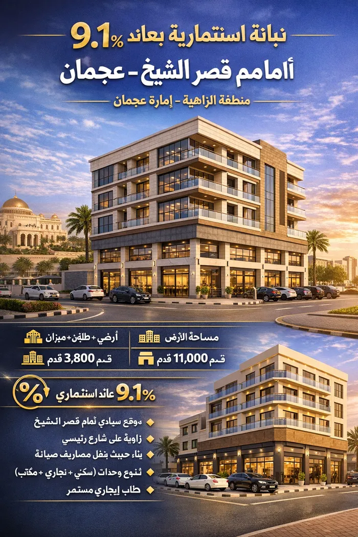 💎 عقار استثماري فريد أمام قصر الشيخ – زاوية على شارع رئيسي استثمر في بناية حديثة أول ساكن بموقع استراتيجي بعائد مضمون 9.1%. : Image 1